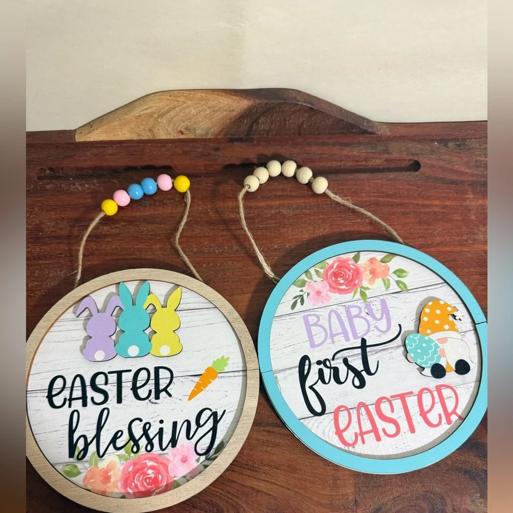 2 pc Easter bunny Theme Party Decorations Easter holiday Hanging ornaments Sign